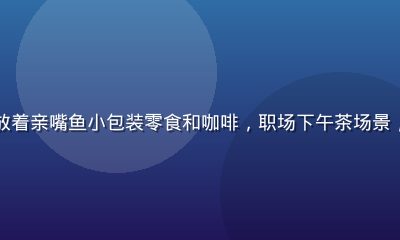 办公桌上放着亲嘴鱼小包装零食和咖啡，职场下午茶场景，轻松解压